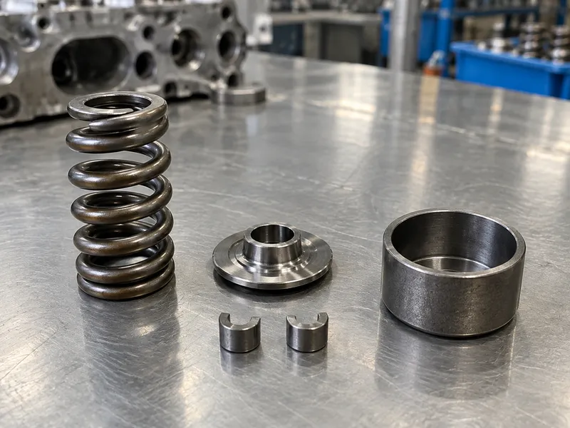 Unassembled valve spring, retainer, keepers and compressor adapter cup