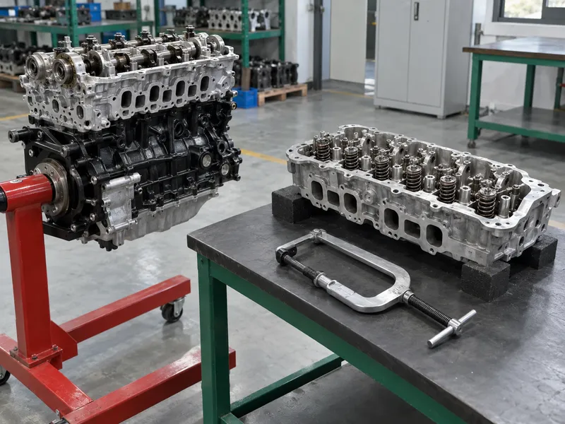 Engine head on stand and removed head on bench with compressors unloaded