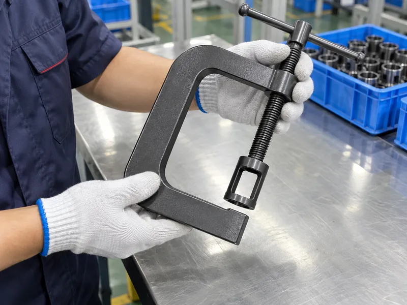 Gloved technician inspects an unloaded C-frame valve spring compressor