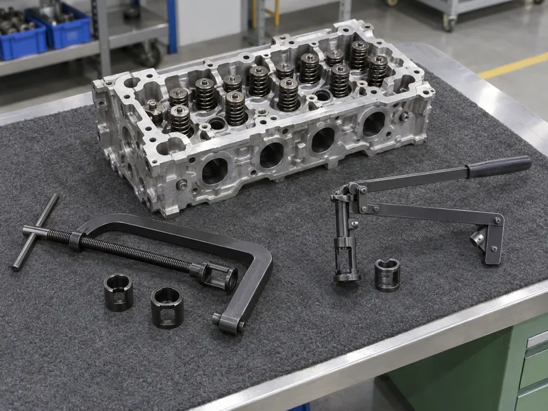 C-frame and lever-style valve compressors beside a removed head