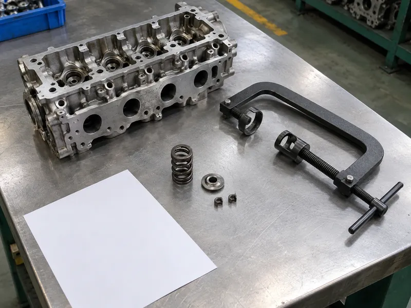 Valve compressor, head and retainer samples beside a blank sheet