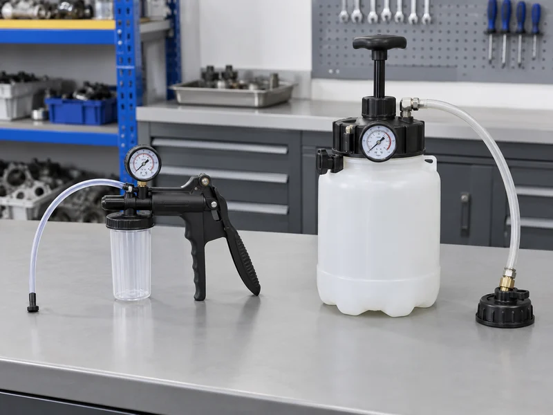 Manual vacuum brake bleeder and pressure bleeder tank arranged separately for comparison
