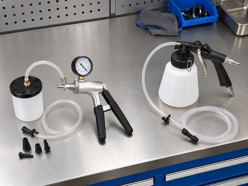 Hand-operated vacuum pump beside a pneumatic brake fluid collection unit
