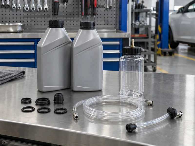 Plain sealed fluid containers beside brake bleeding hoses, seals, and a collection bottle