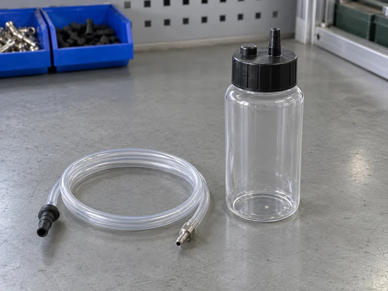 Clear brake-bleeding hose and sealed catch bottle arranged separately on a factory inspection bench