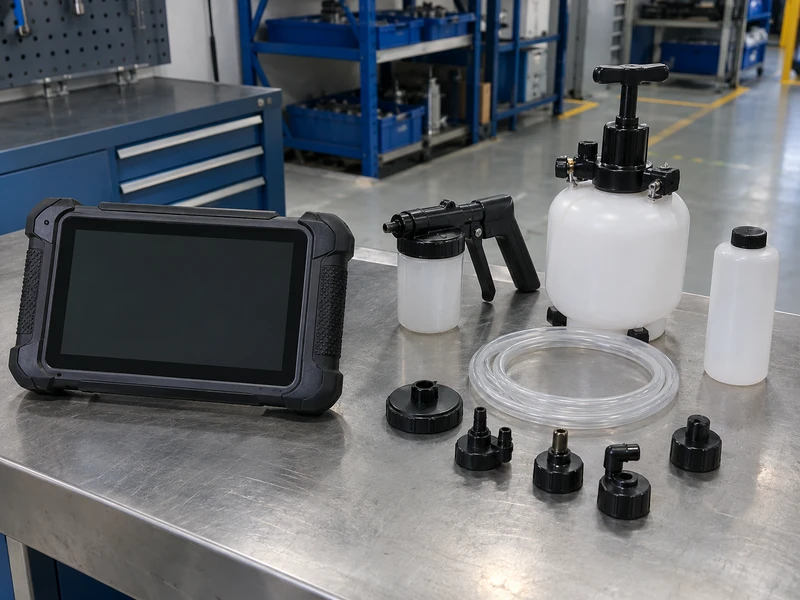 Blank diagnostic scanner displayed separately beside an unloaded brake bleeder kit