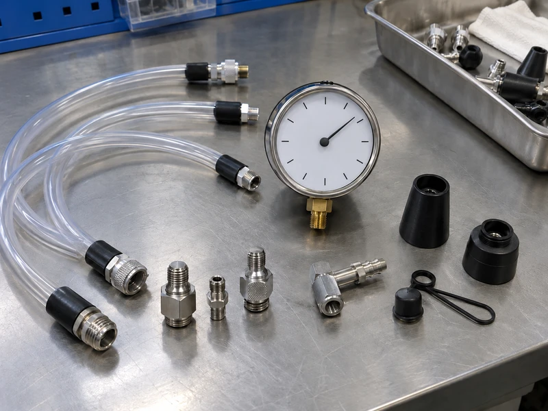 Brake-bleeder hoses, connector fittings, and a plain analog gauge on an inspection bench