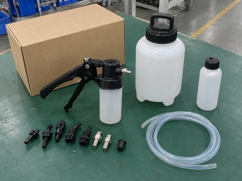 Blank carton and separate RFQ sample assortment for brake-bleeder equipment