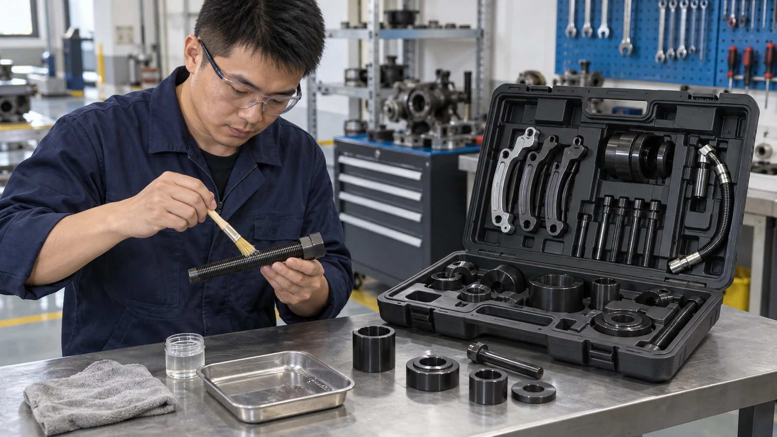 Technician lubricates a forcing screw beside an organized wheel bearing puller kit