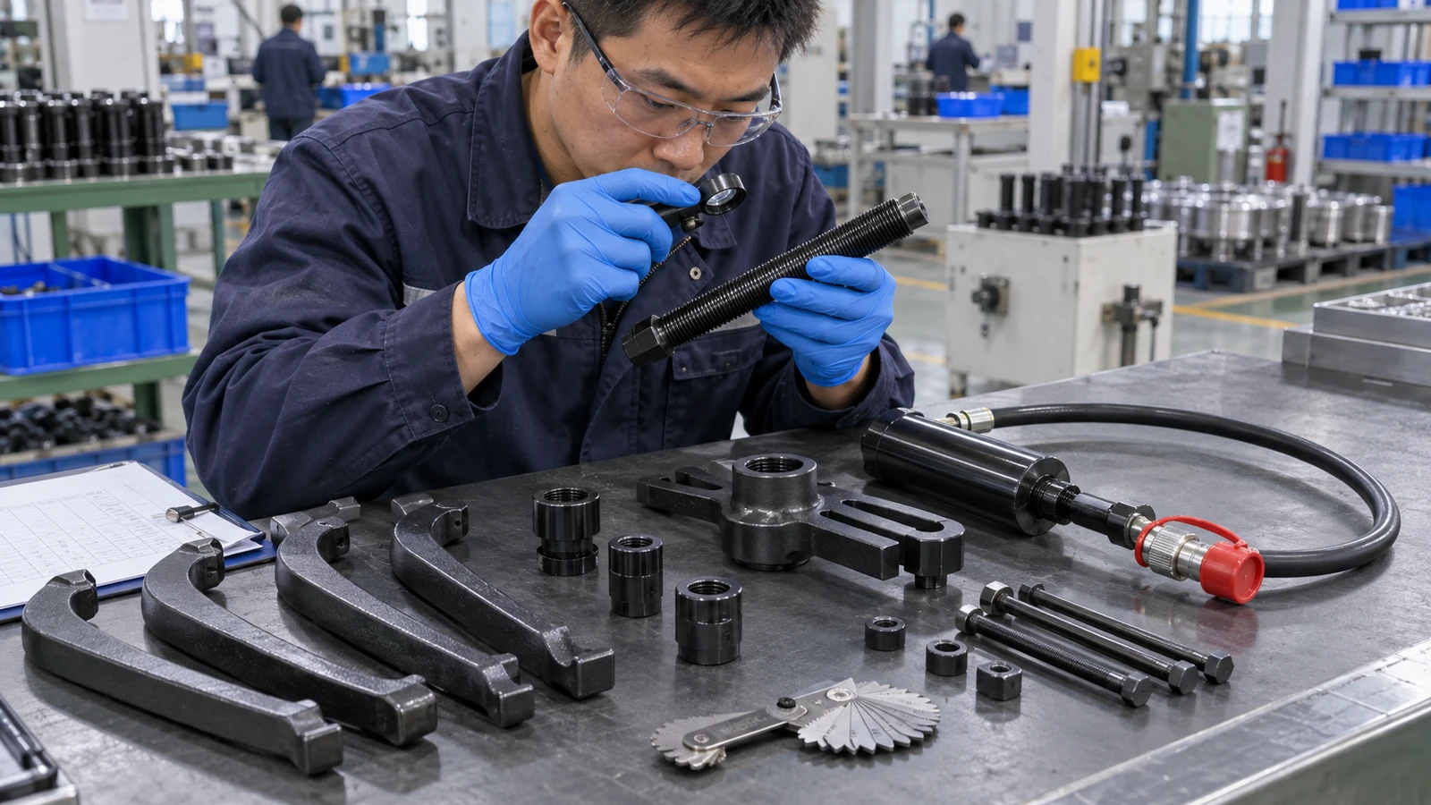 Quality inspector checks puller forcing screw, jaws, adapters and hydraulic hose