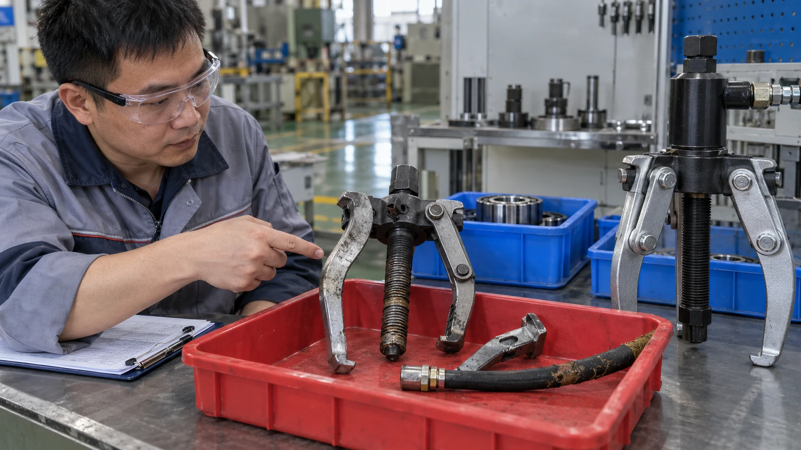 Damaged puller parts and worn hydraulic hose isolated in a quarantine tray
