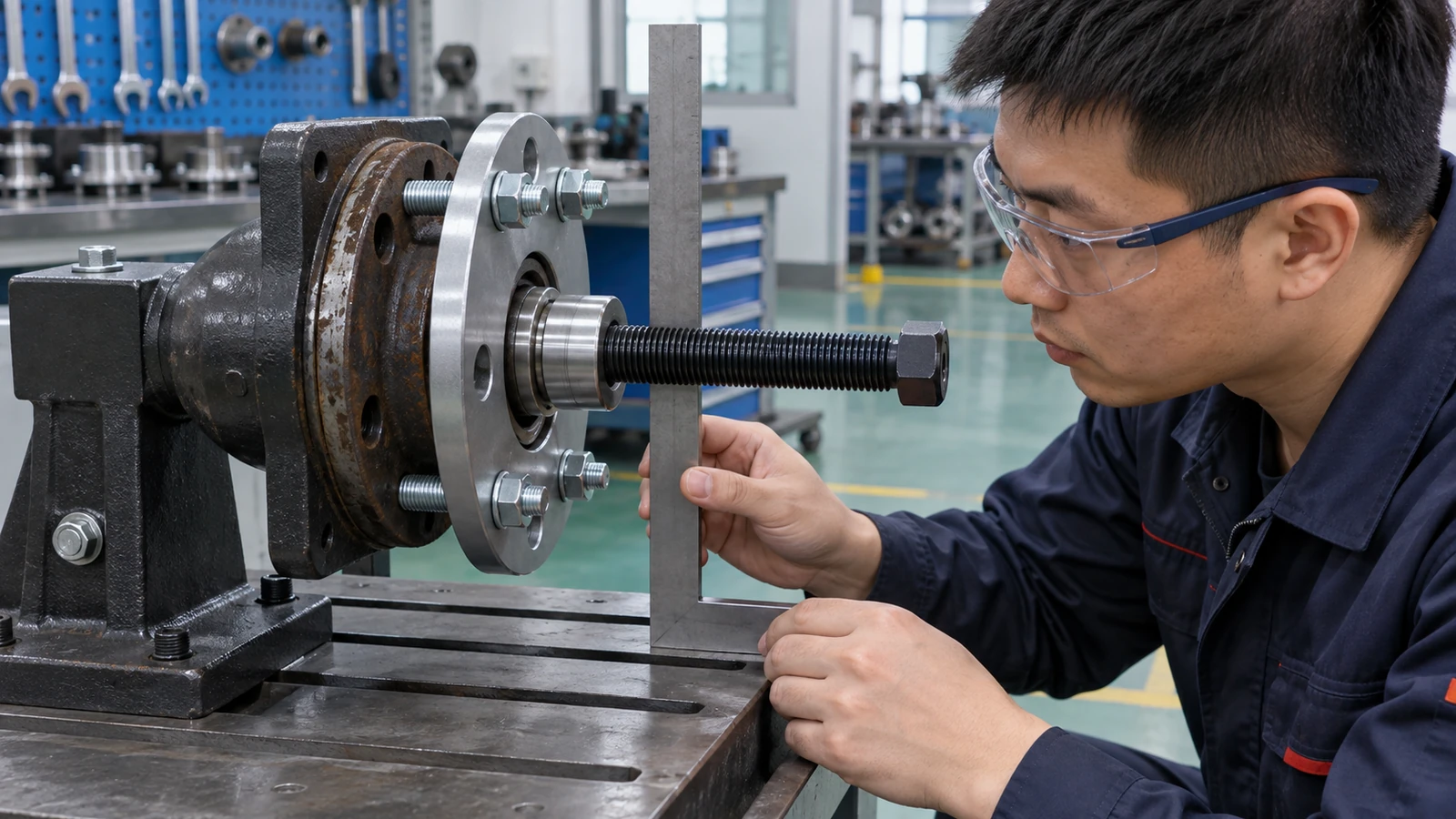 Technician checks a centered mechanical puller on a supported wheel hub fixture